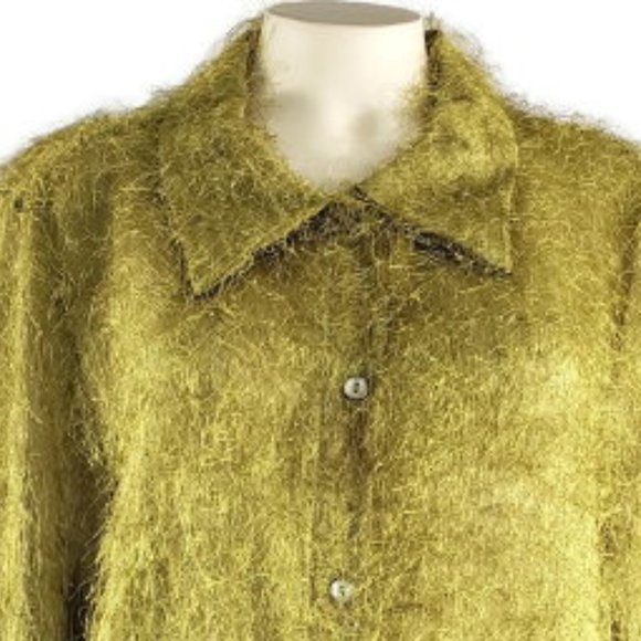 Cactus Flower shiny green fuzzy button down blouse - Picture 6 of 8